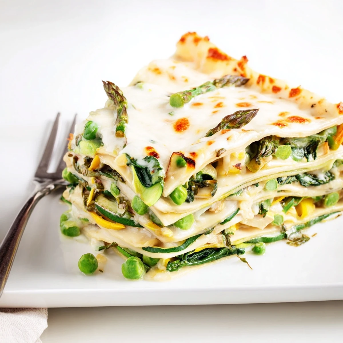 Freshly baked Spring Vegetable Lasagna with White Sauce on a rustic table, garnished with basil and ready to serve.