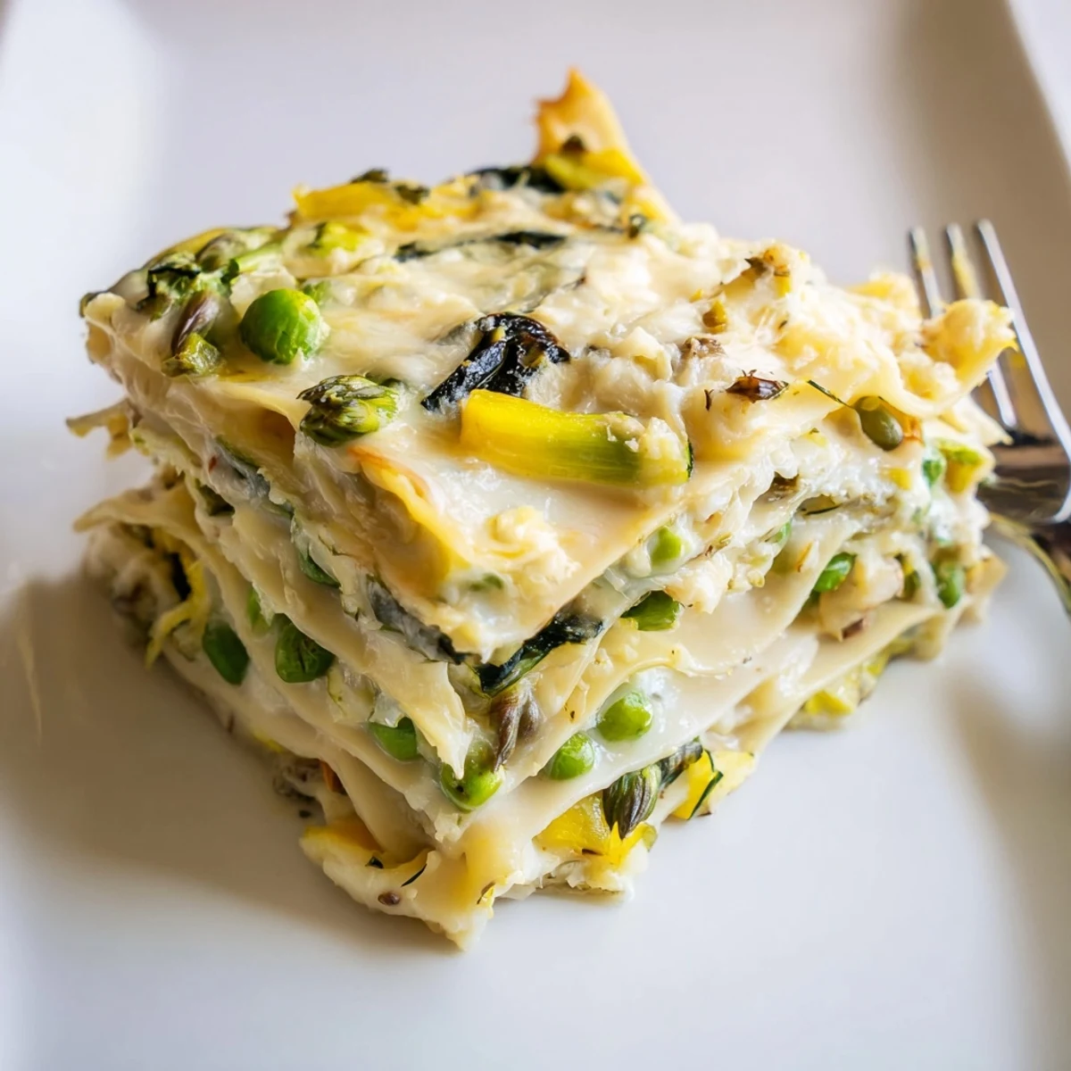 A close-up slice of Spring Vegetable Lasagna with White Sauce reveals creamy béchamel, vibrant asparagus, and spinach layers.