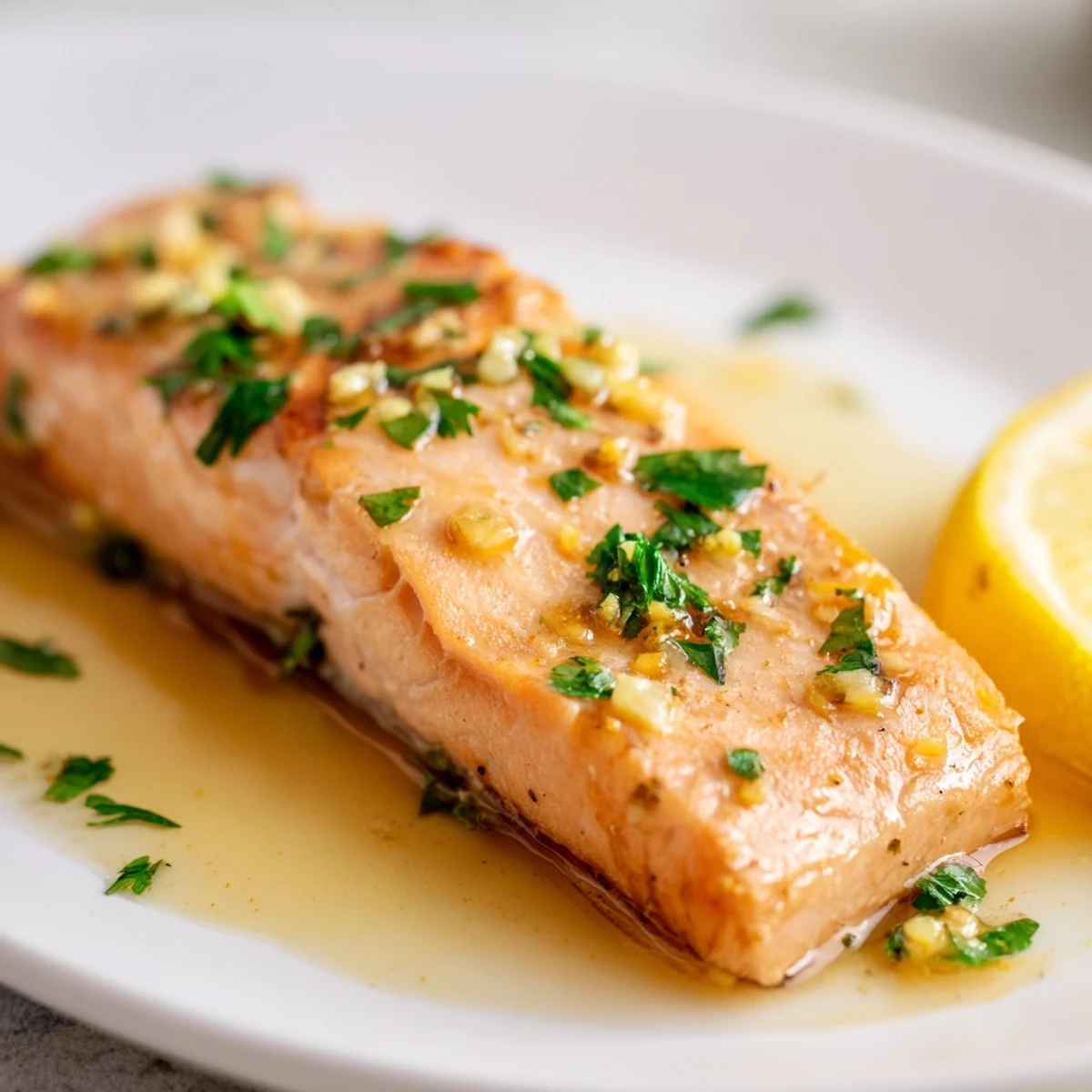 Golden-brown Lemon Garlic Butter Salmon fillets bake on a parchment-lined sheet, glistening with melted butter, garlic, and fresh lemon zest for a bright, savory aroma.