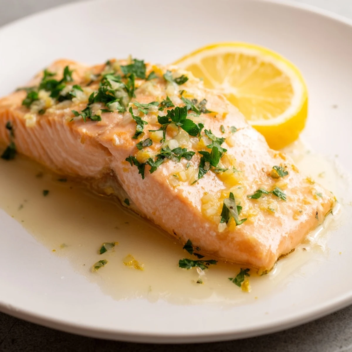 Fork-tender Lemon Garlic Butter Salmon fillets are brushed with a rich lemon-garlic butter sauce, garnished with chopped parsley and lemon wedges for a bright, zesty finish.