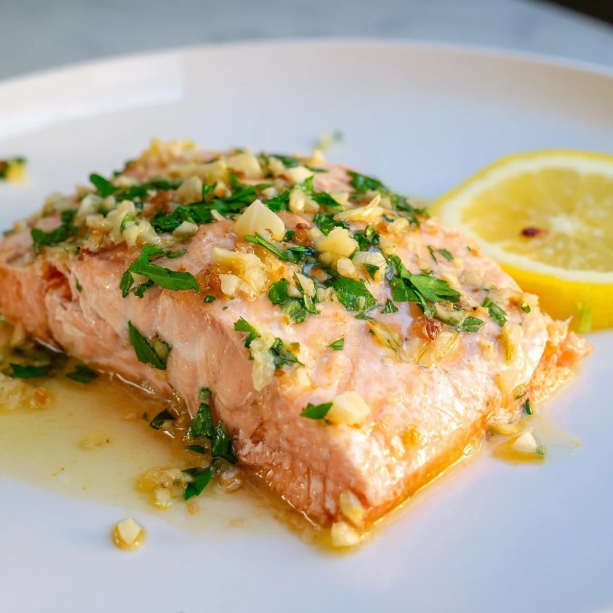Freshly baked Lemon Garlic Butter Salmon fillets flake easily with a fork, served alongside steamed vegetables for a complete, flavorful weeknight dinner.
