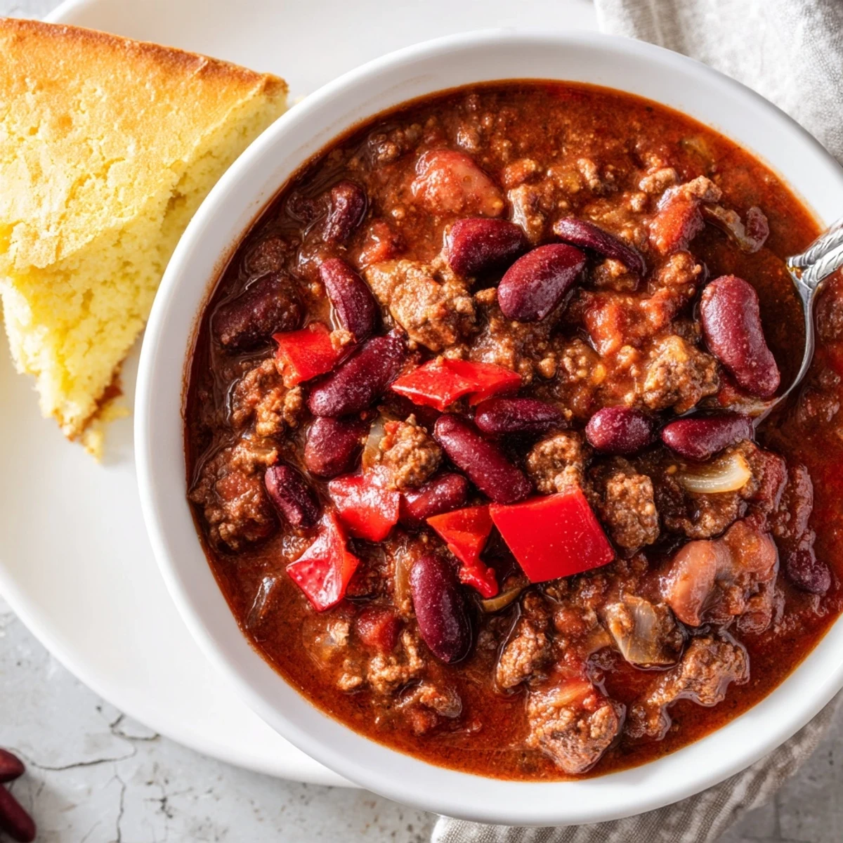 A steaming bowl of Beef and Bean Chili with Cornbread, featuring tender beef and rich beans beside golden, buttery slices.
