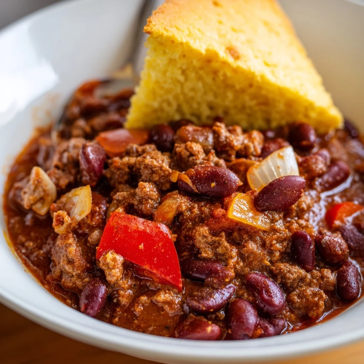 Hearty Beef and Bean Chili with Cornbread ladled from a Dutch oven, with colorful veggies and crumbly cornbread on the side.