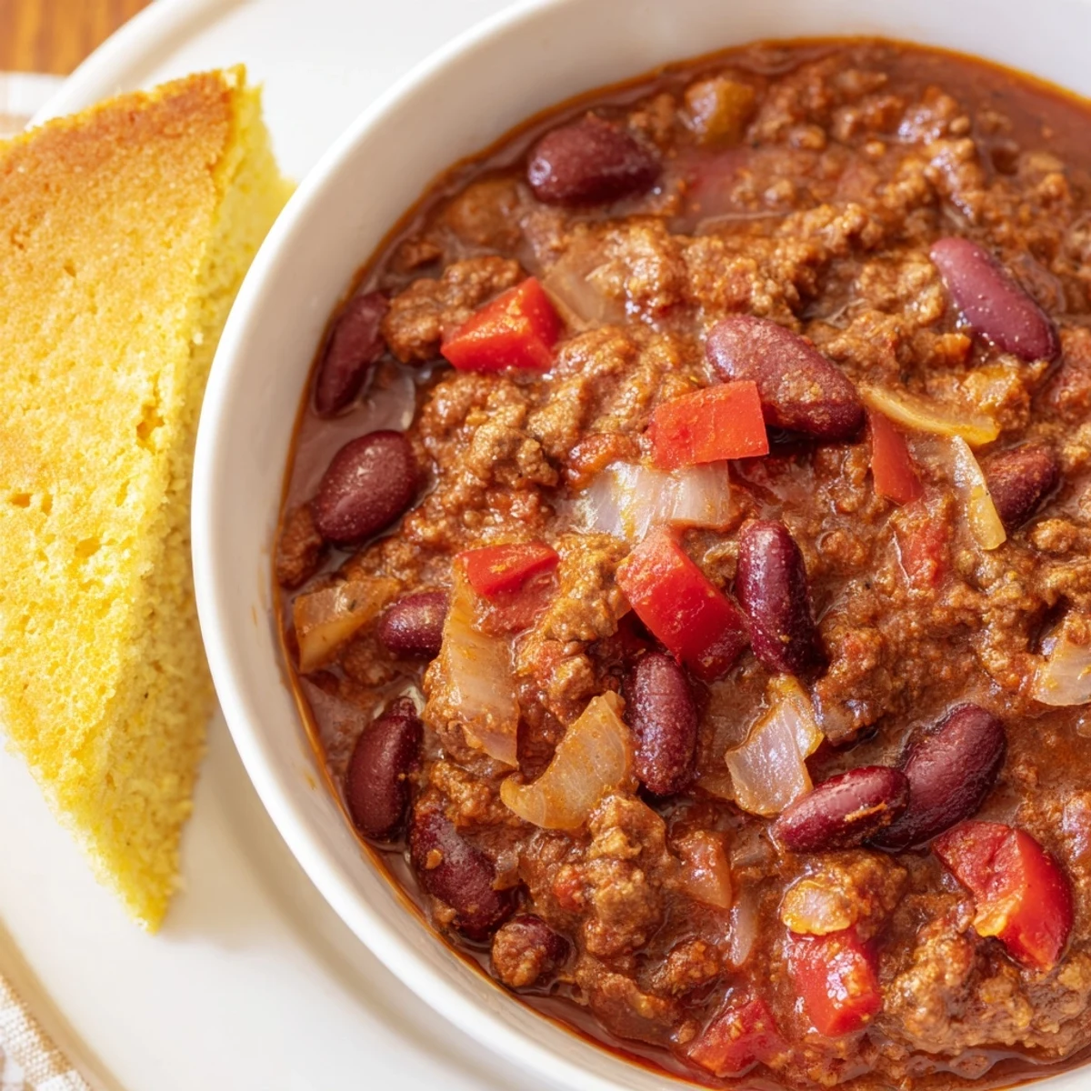Serving suggestion for Beef and Bean Chili with Cornbread, presented in rustic bowls with fresh cilantro and a pat of butter.