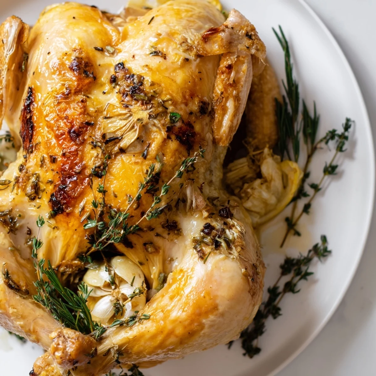 Golden-brown roasted chicken with lemon and herbs, served with roasted vegetables on a platter, showing crispy skin and juicy meat.