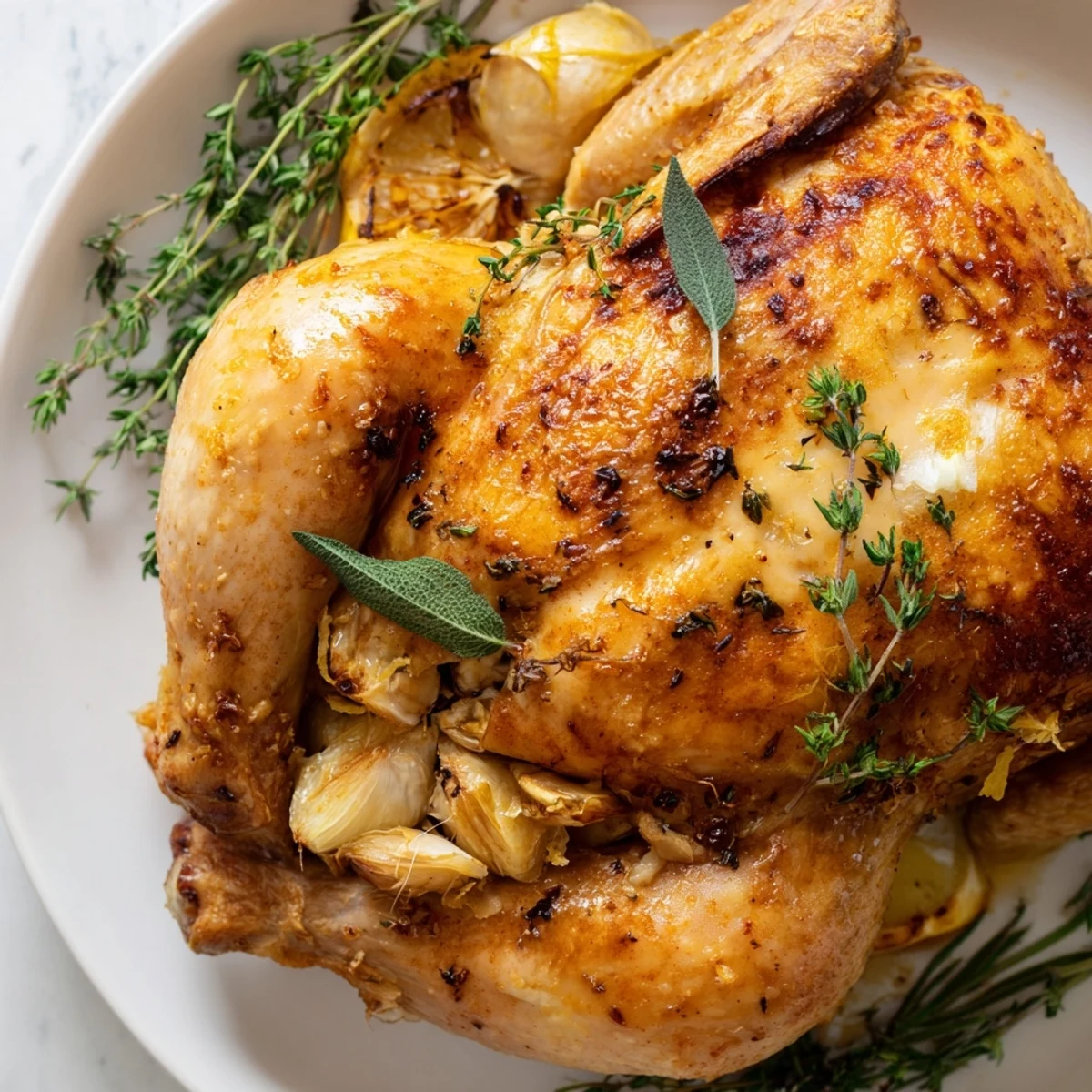Roasted chicken with lemon and herbs, freshly carved on a cutting board beside thyme and rosemary sprigs for garnish.