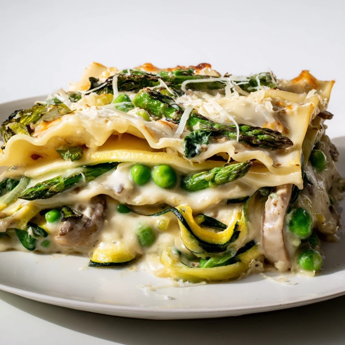A close-up of Spring Vegetable Lasagna with Béchamel in a baking dish, featuring bubbling cheese and visible layers of zucchini and asparagus.
