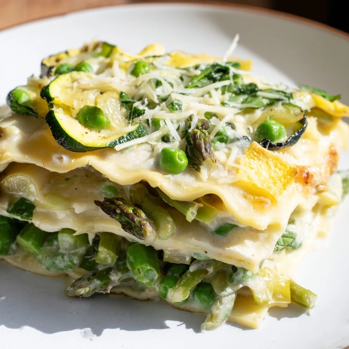 A fresh slice of Spring Vegetable Lasagna with Béchamel reveals green spinach and peas nestled between ricotta and tender pasta layers.