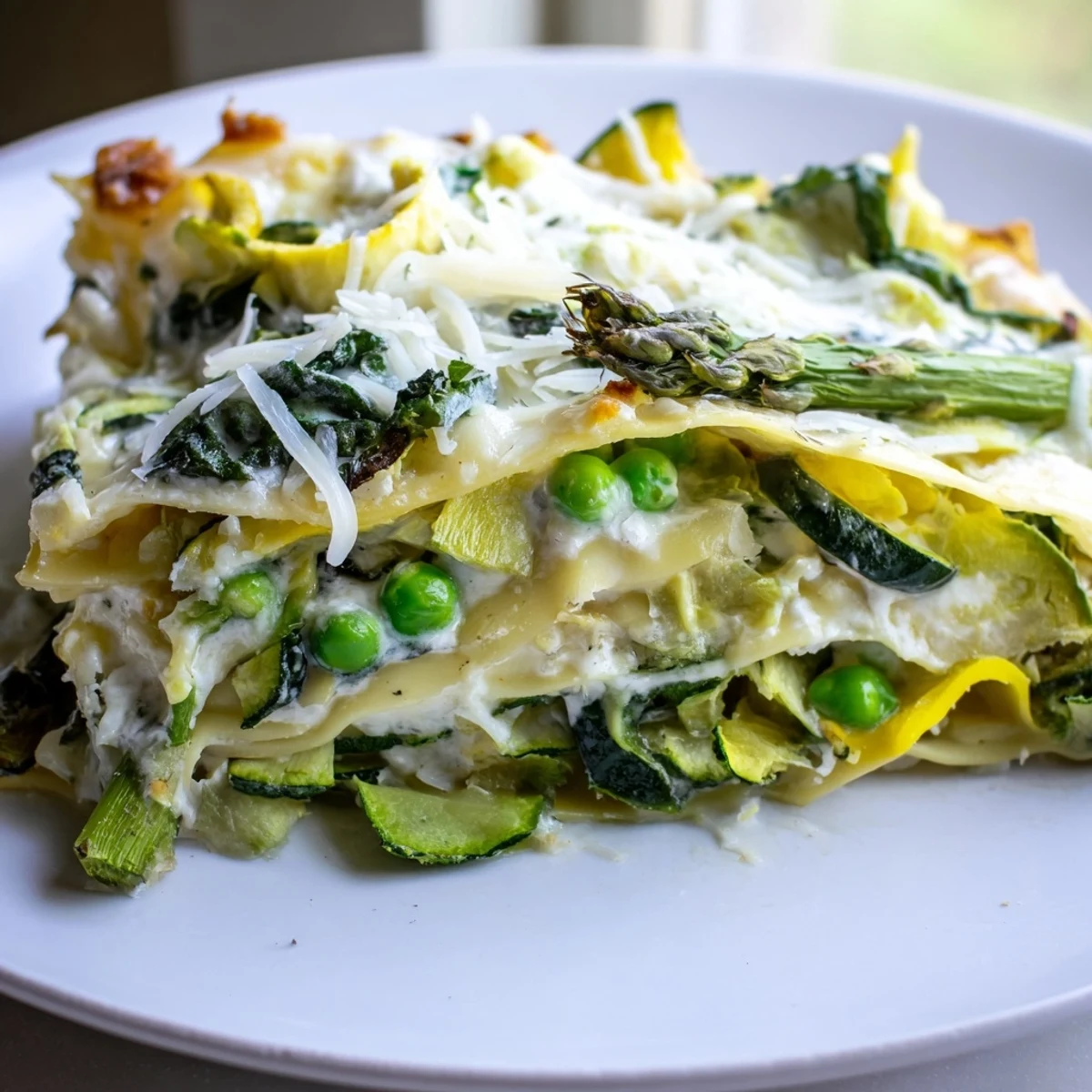 Spring Vegetable Lasagna with Béchamel showcases golden-brown noodles and a creamy white sauce, served warm on a rustic wooden table.