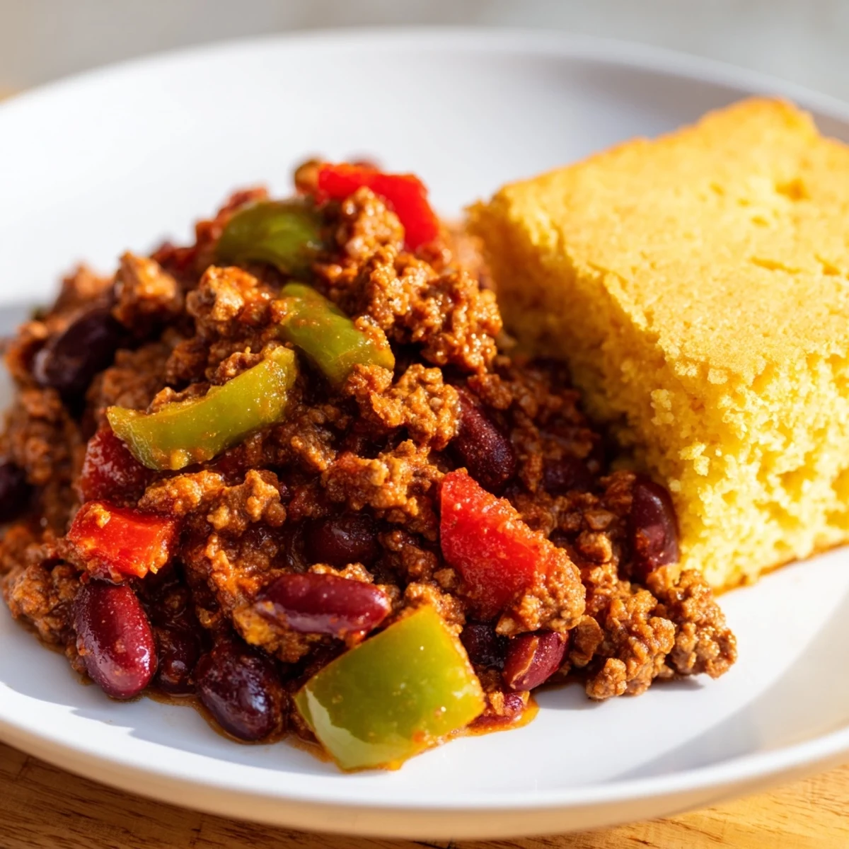 Steam rises from a bowl of hearty Beef and Bean Chili with Cornbread, topped with melted cheese and a dollop of sour cream.