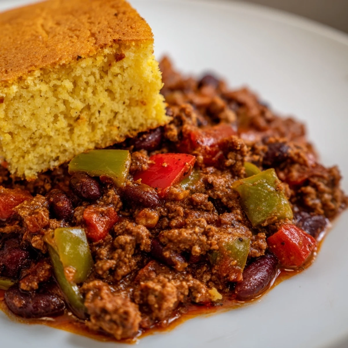 A slice of golden, fluffy cornbread rests beside a rustic mug filled with rich and spicy Beef and Bean Chili.