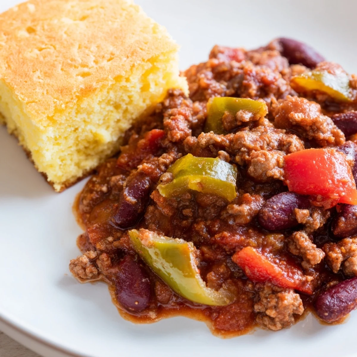 Homemade Beef and Bean Chili simmers in a cast-iron pot, ready to be served with a side of buttery cornbread.
