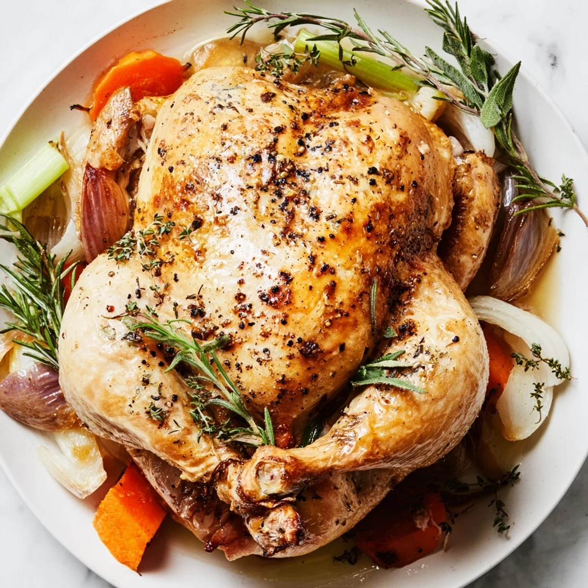 Fragrant Roasted Chicken with Lemon and Fresh Herbs, golden and glistening, carved beside tender roasted vegetables.