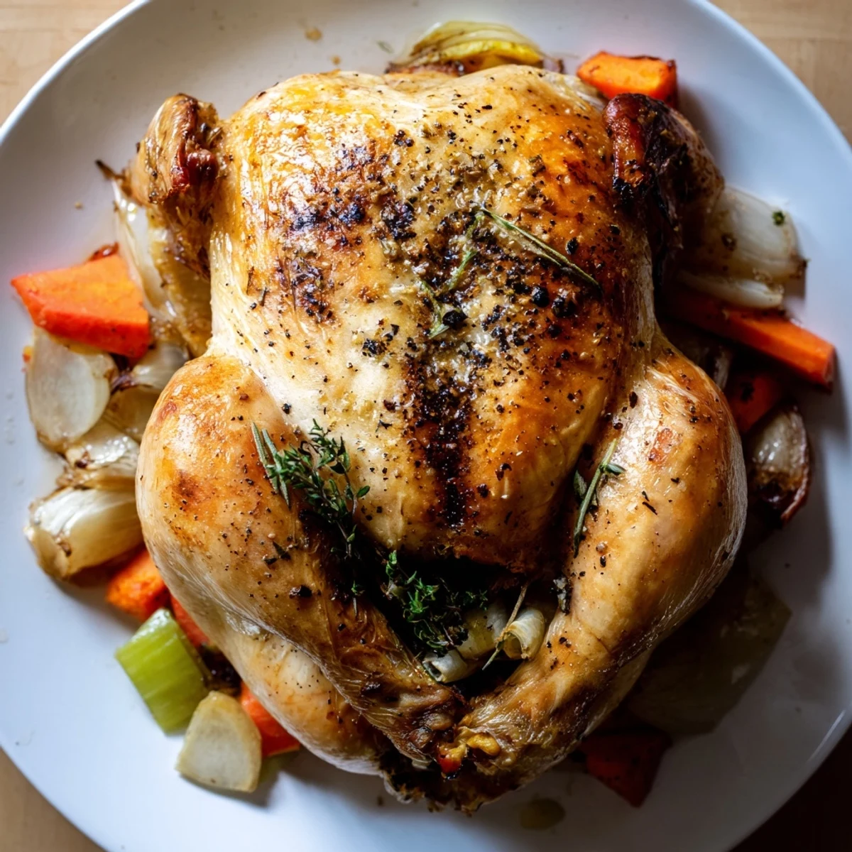 Juicy Roasted Chicken with Lemon and Fresh Herbs rests on a platter with pan drippings and herbs.