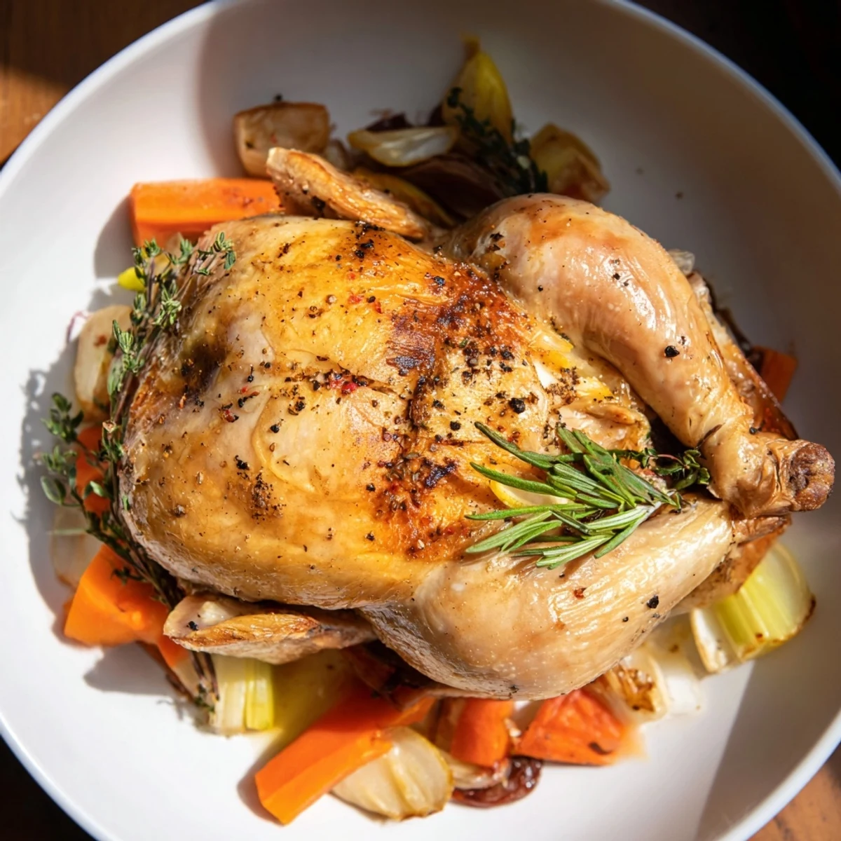 Succulent Roasted Chicken with Lemon and Fresh Herbs served with roasted carrots, onions, and celery on a family-style platter.