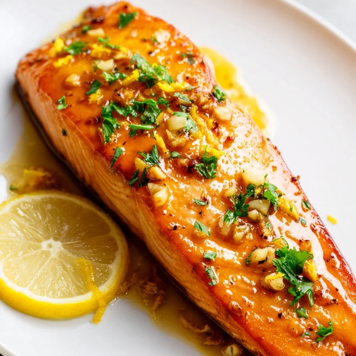 Tender lemon garlic butter salmon fillets sizzling in a skillet with a golden, crispy sear.