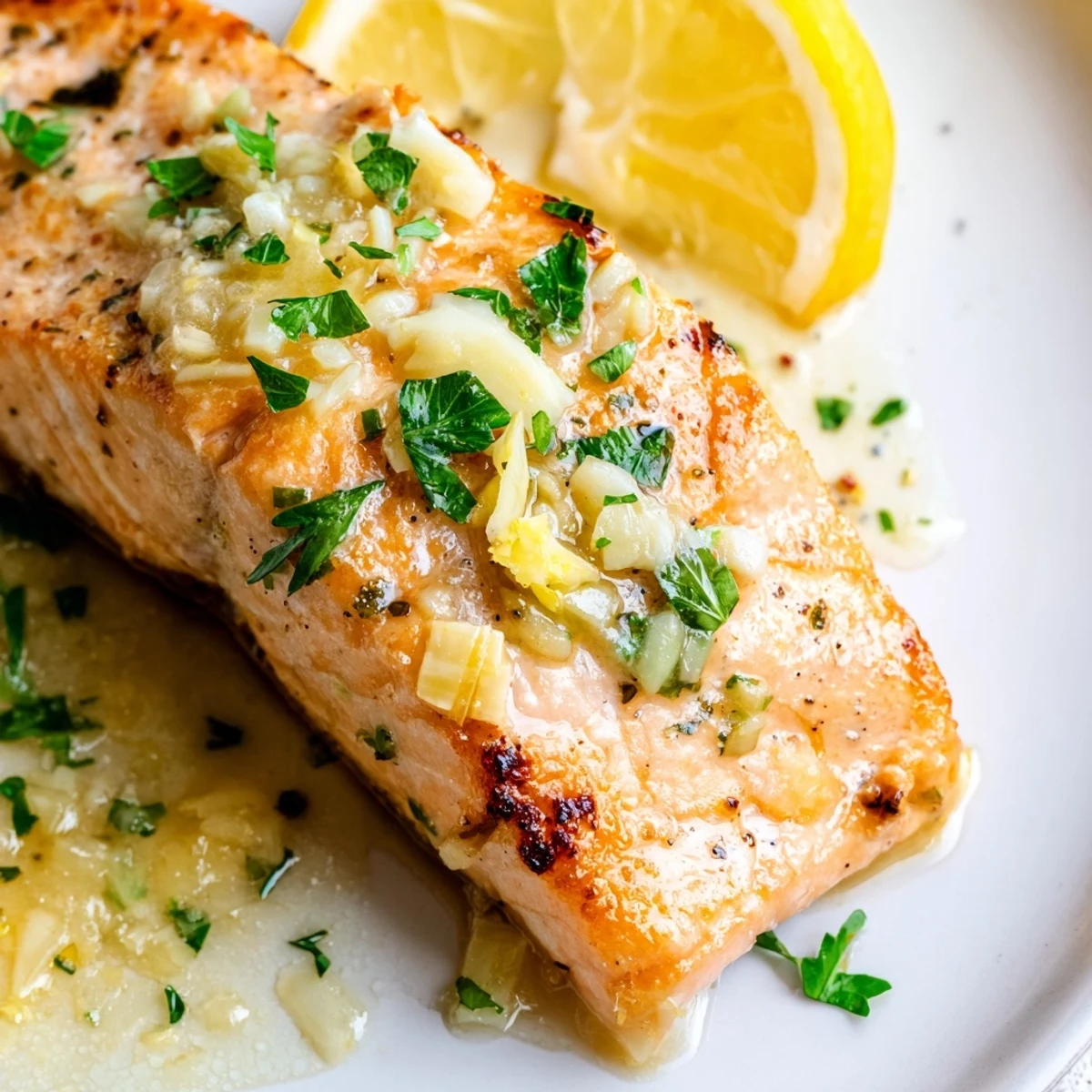 Pan-seared lemon garlic butter salmon fillets garnished with fresh parsley and bright lemon slices.