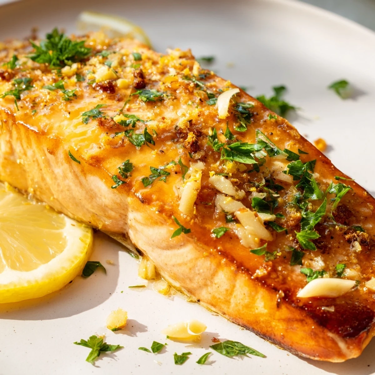 Succulent lemon garlic butter salmon fillets served alongside steamed vegetables on a white dinner plate.