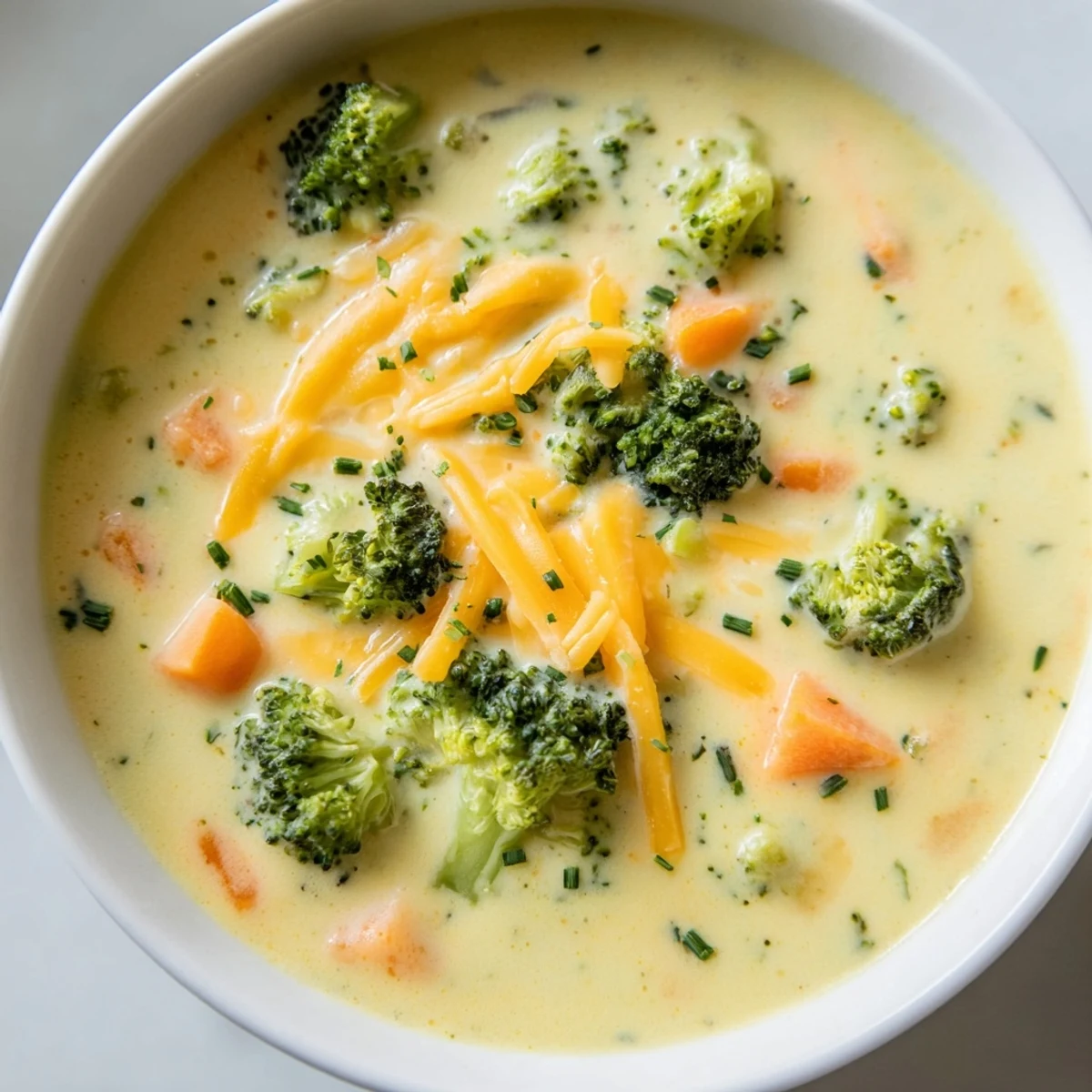 A warm bowl of Creamy Broccoli Cheddar Soup with Carrots features velvety texture and vibrant green florets alongside bright orange carrots.