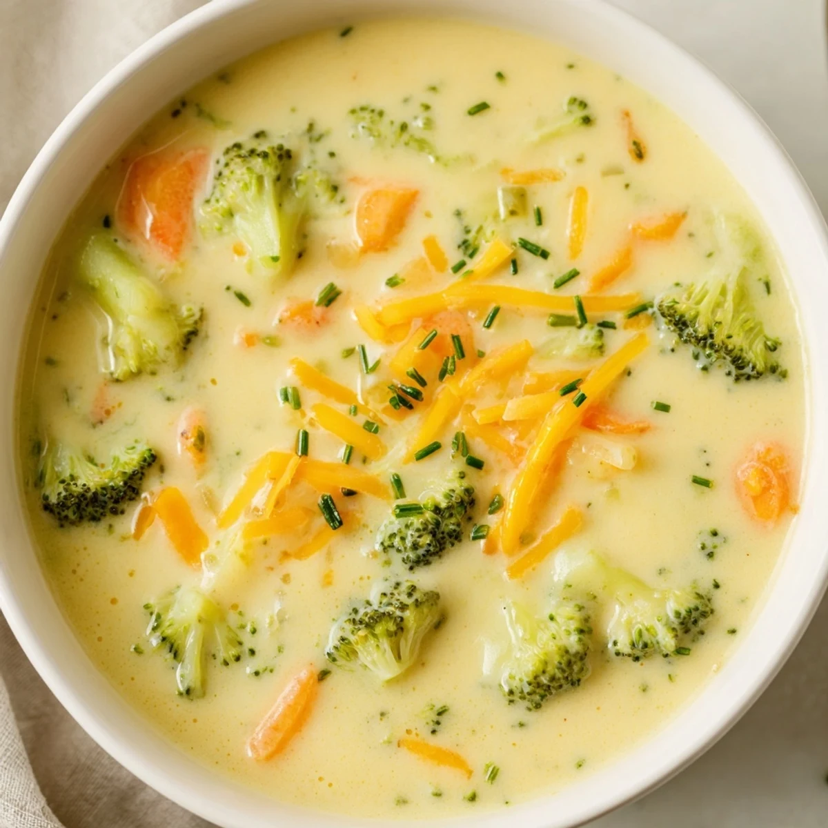 Creamy Broccoli Cheddar Soup with Carrots ladled into a rustic bowl, garnished with extra shredded cheddar and fresh chives for a cozy meal.