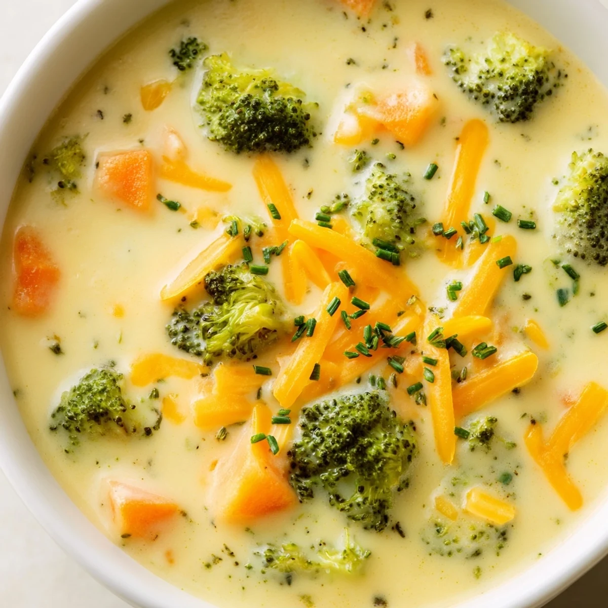 This Creamy Broccoli Cheddar Soup with Carrots is served with crusty bread, highlighting a rich, cheesy blend and tender vegetables.