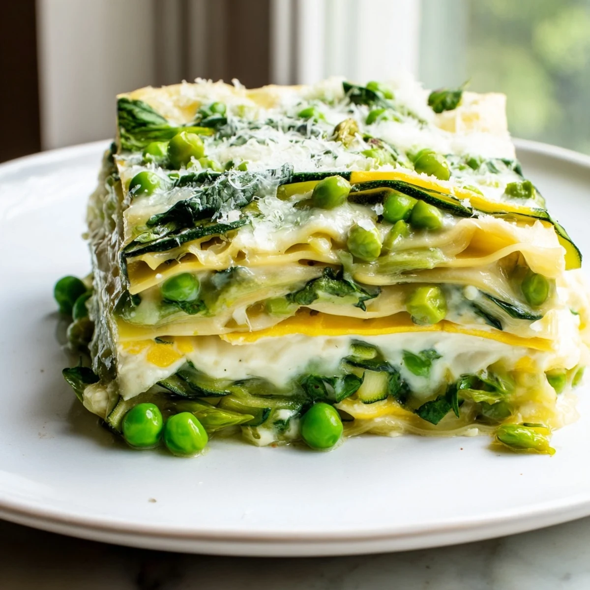 Golden bubbling Spring Vegetable Lasagna with Béchamel showcases layers of zucchini, asparagus, and creamy white sauce.