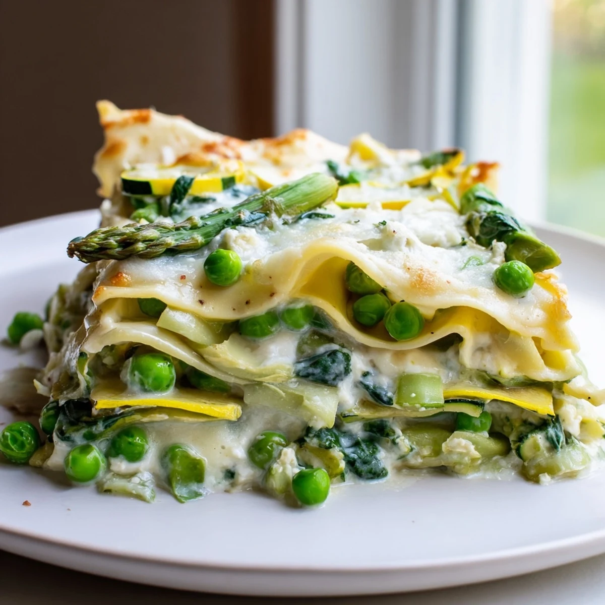 A plated slice of Spring Vegetable Lasagna with Béchamel features ricotta, mozzarella, and tender peas.