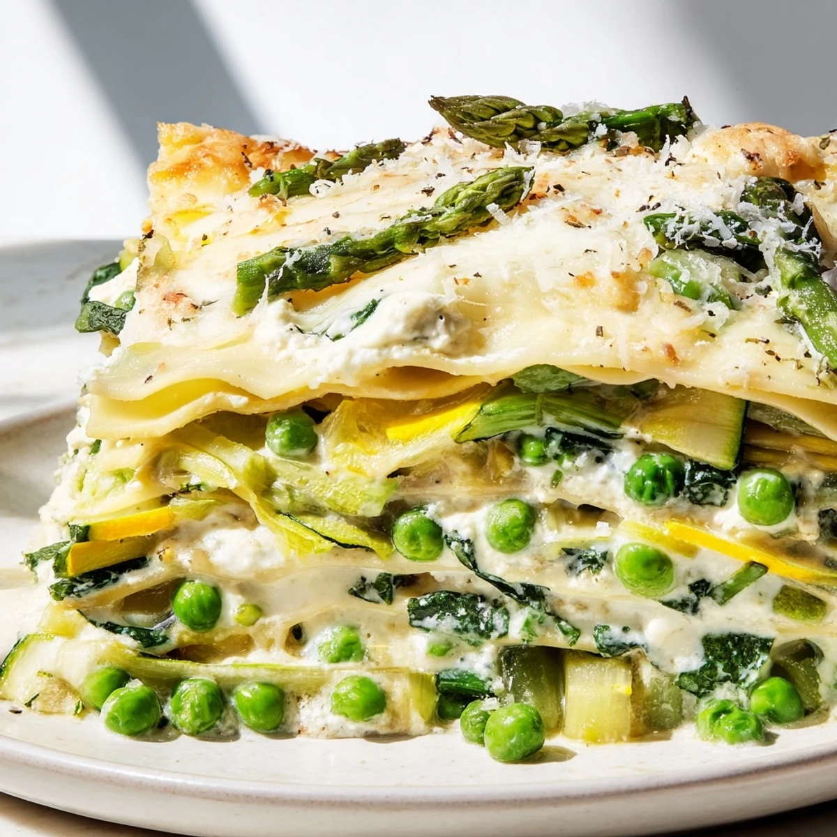 Overhead view of Spring Vegetable Lasagna with Béchamel with a fresh salad and glass of white wine.
