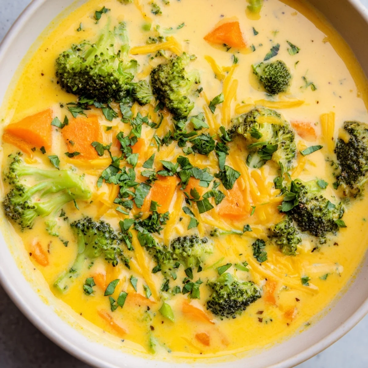 Creamy Broccoli Cheddar Soup with Carrots is served steaming in a rustic mug, garnished with fresh chives and extra cheddar.