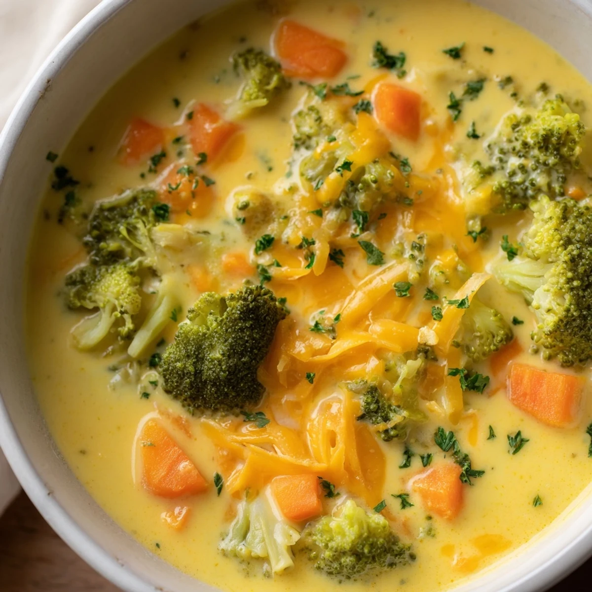 A close-up view of Creamy Broccoli Cheddar Soup with Carrots highlights tender florets and diced carrots in a rich broth.