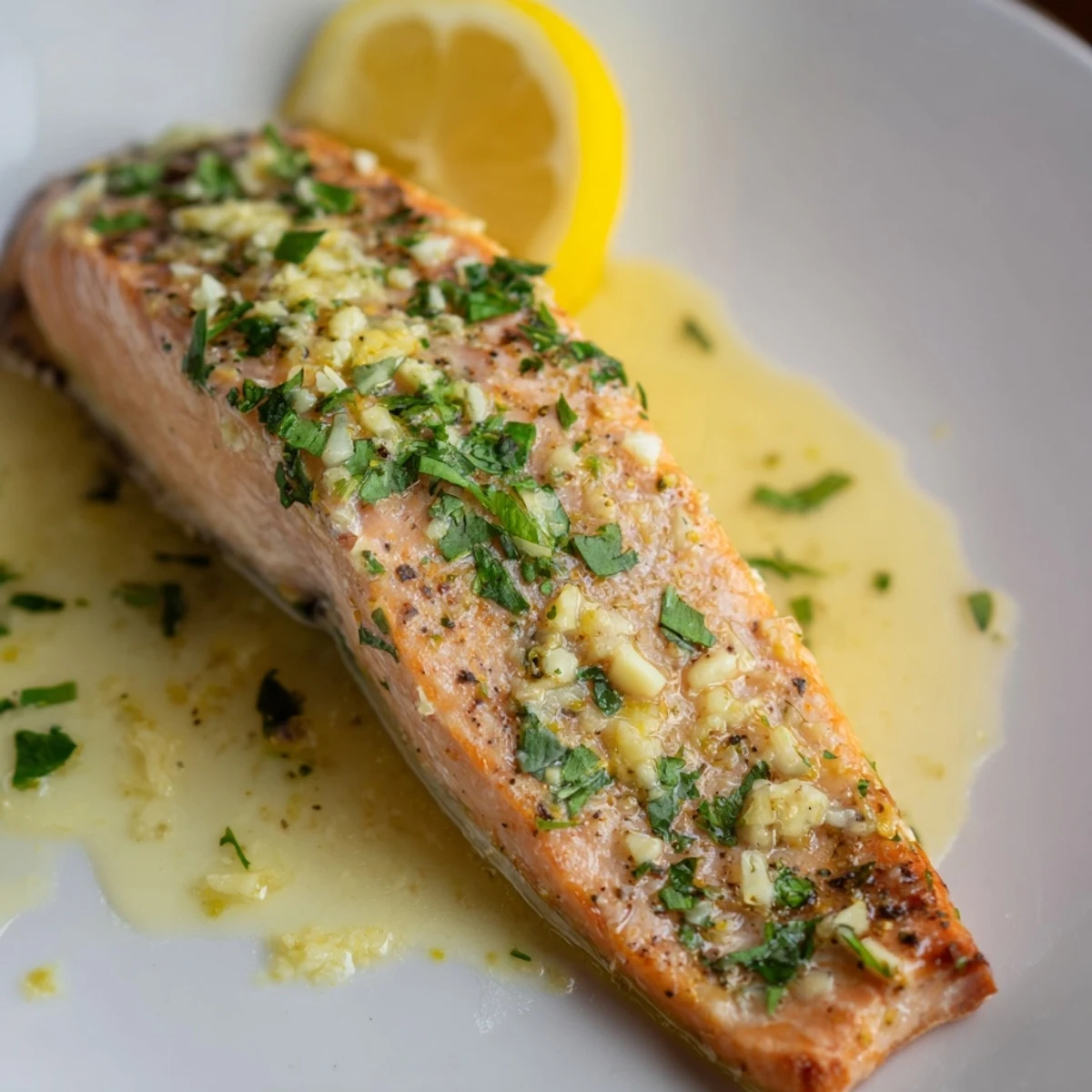 Succulent Lemon Garlic Butter Salmon Fillets on a white plate, garnished with lemon slices and herbs, perfect for dinner.