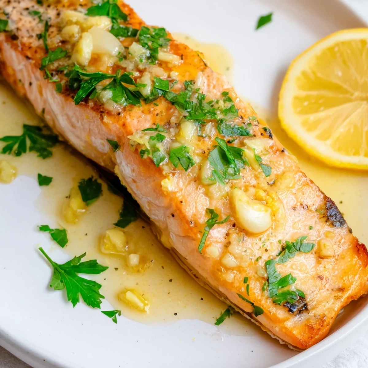Golden Lemon Garlic Butter Salmon Fillets sizzling in a skillet with melted butter, garlic, and fresh parsley.