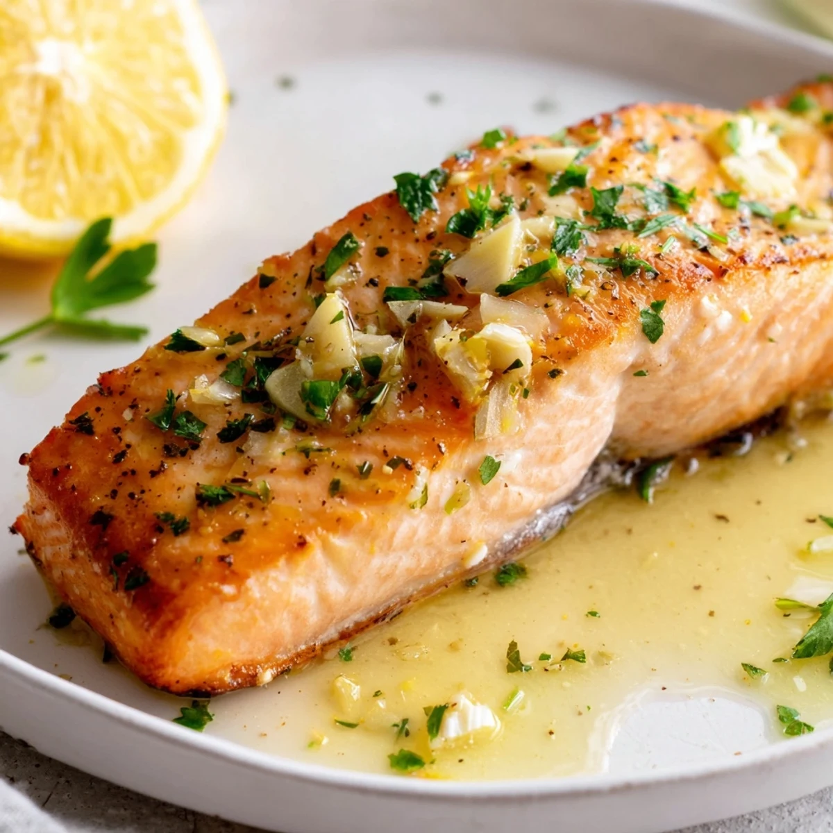 Juicy Lemon Garlic Butter Salmon Fillets being spooned with bright citrus butter sauce, ready to serve hot.