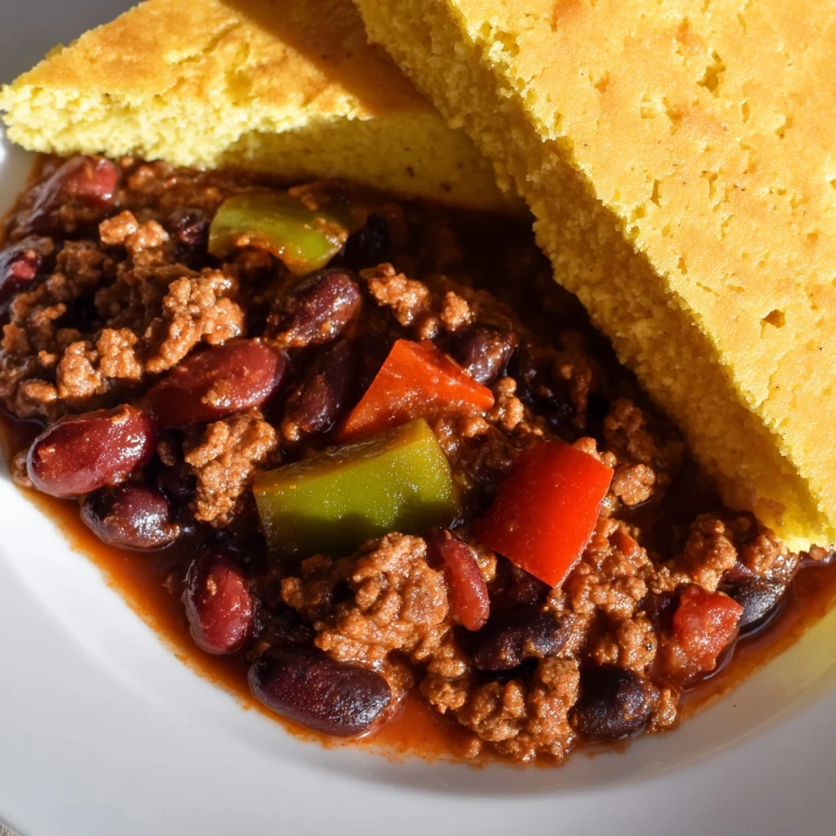 A hearty bowl of Beef and Bean Chili with Cornbread, topped with melted cheddar and a dollop of sour cream.