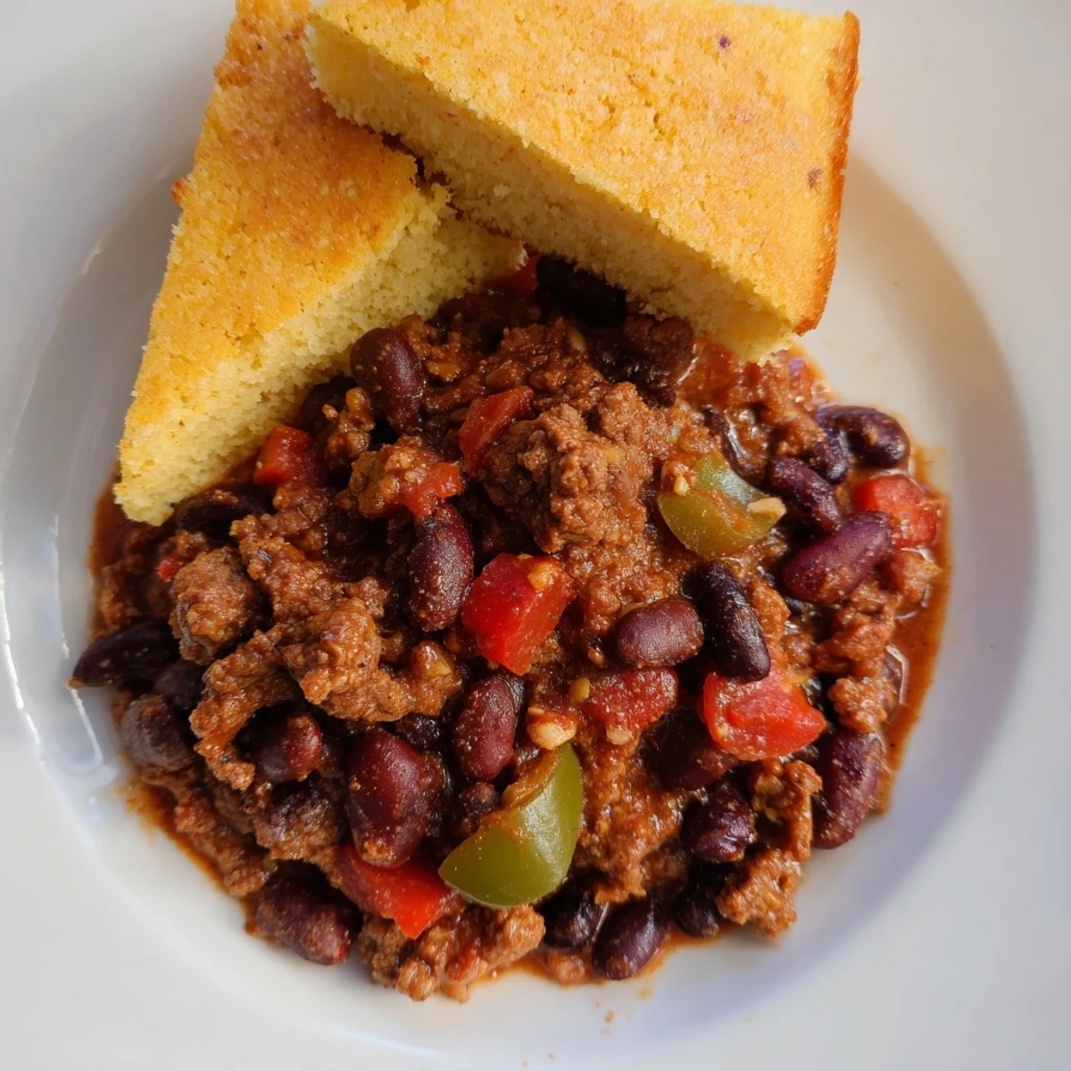 Beef and Bean Chili with Cornbread steaming in a rustic bowl, ready to serve with fresh cilantro garnish.