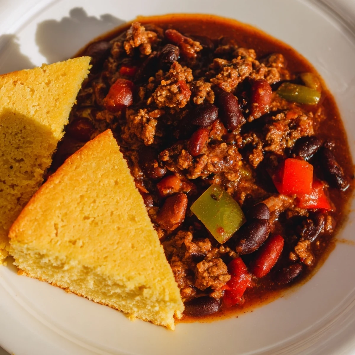 Close-up of Beef and Bean Chili with Cornbread, featuring tender beef, vibrant peppers, and a slice of golden cornbread.