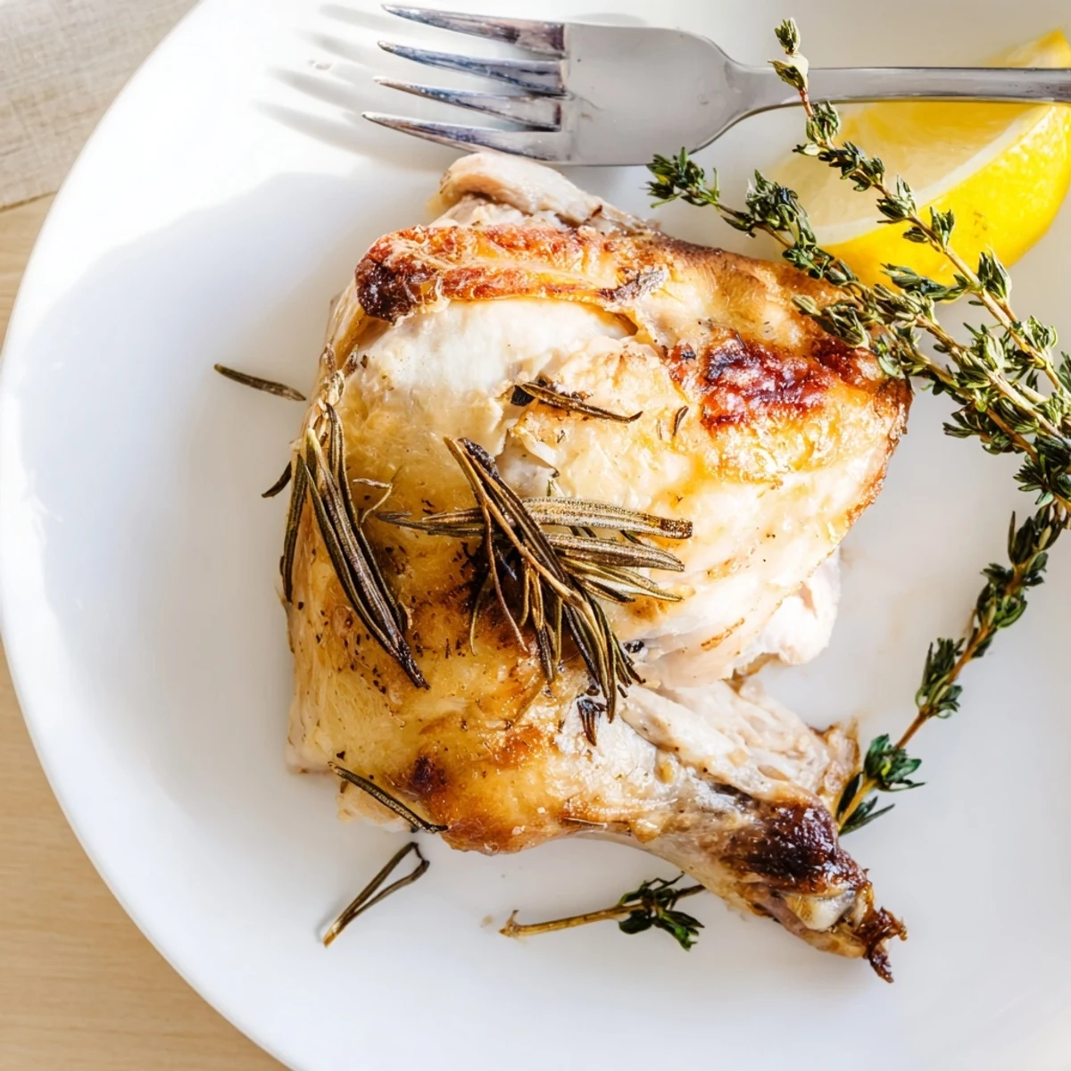 Perfectly roasted chicken with lemon and fresh herbs, showing golden crisp skin and juicy meat on a rustic platter with pan juices.