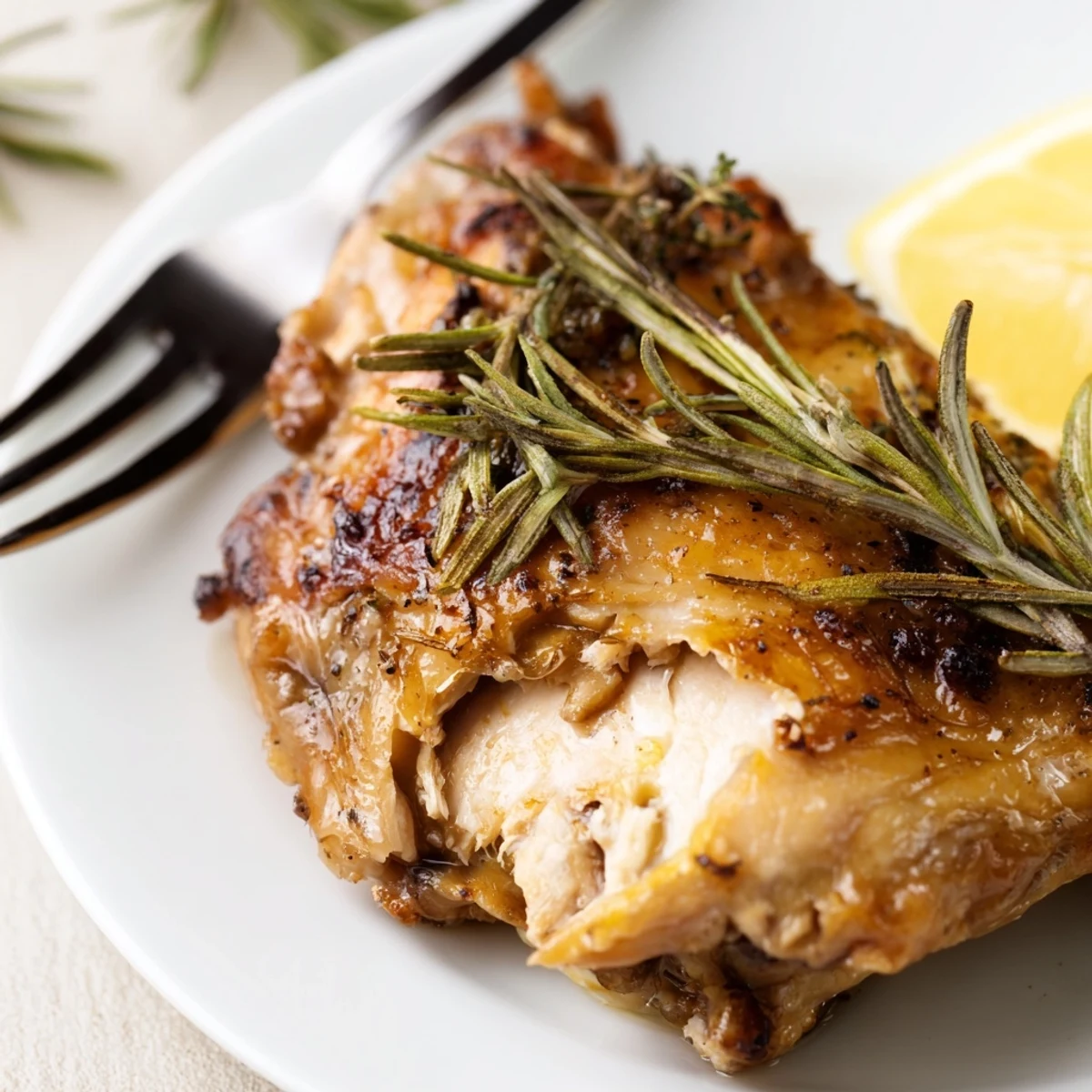 A close-up of roasted chicken with lemon and fresh herbs highlighting crispy skin, rosemary sprigs, and steam rising from a golden-brown bird.
