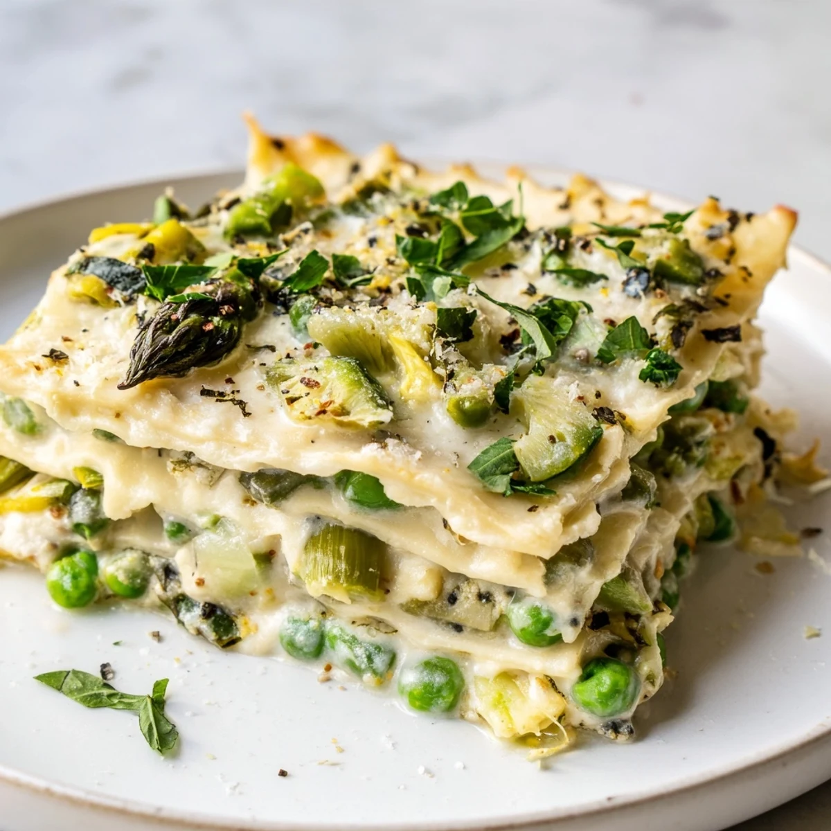 Golden bubbling Spring Vegetable Lasagna with White Sauce features creamy béchamel, fresh asparagus, peas, and herbs baked in a ceramic dish.