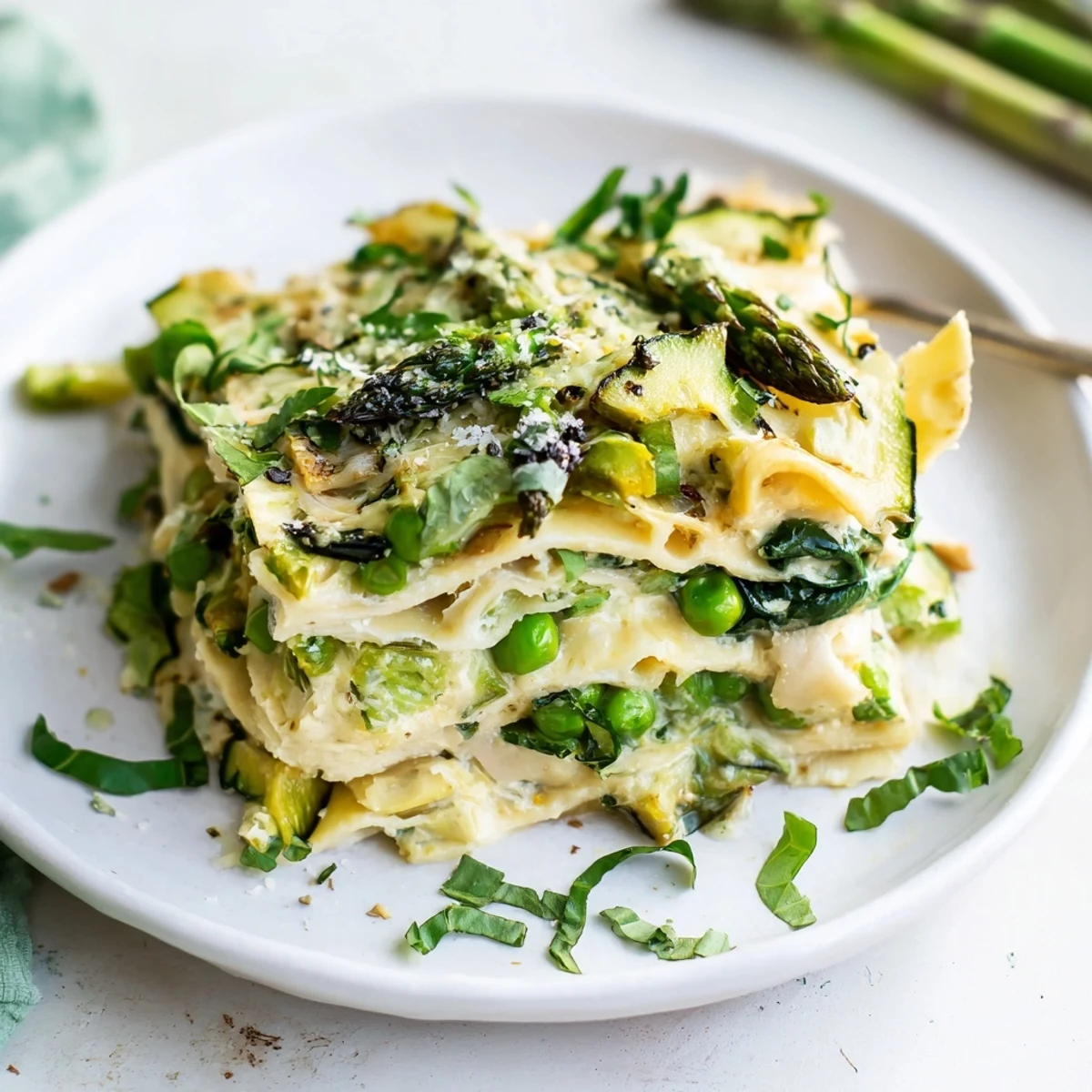 Freshly baked Spring Vegetable Lasagna with White Sauce shows layers of ricotta, spinach, zucchini, and Parmesan with a crispy top.