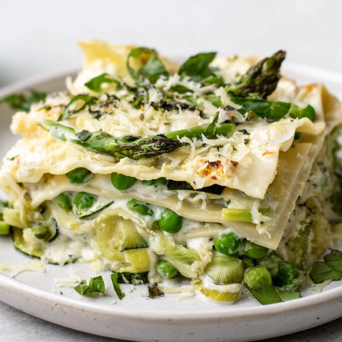 Sliced Spring Vegetable Lasagna with White Sauce plated with salad, displaying tender spring vegetables and a velvety béchamel in golden noodles.