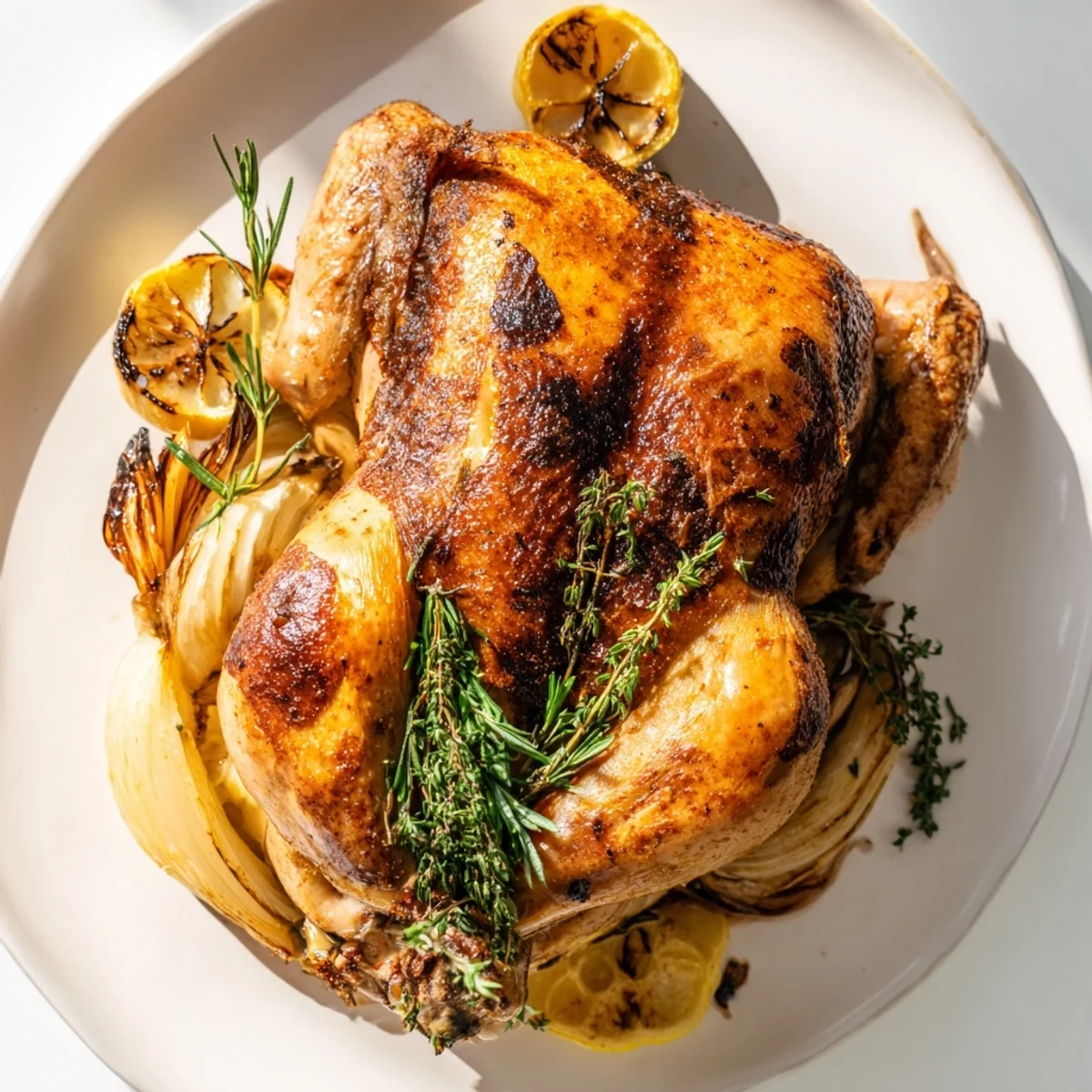 Golden-brown crispy skin on Roasted Chicken with Lemon and Herbs rests on a bed of roasted onions and herbs.