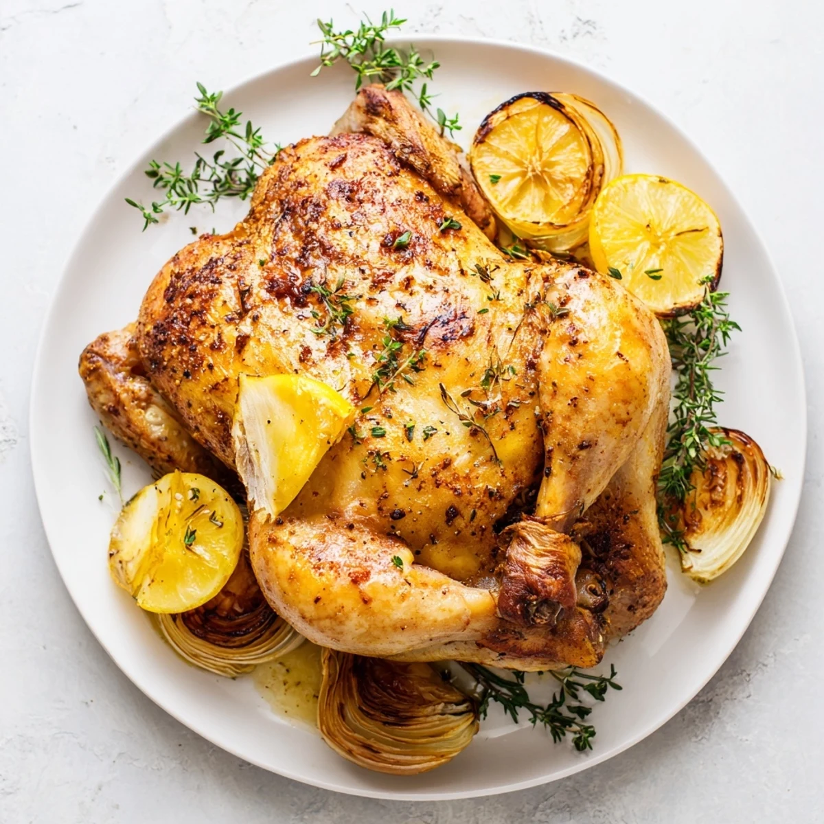 A close-up shows juicy Roasted Chicken with Lemon and Herbs glistening with pan juices, carved and ready to serve.