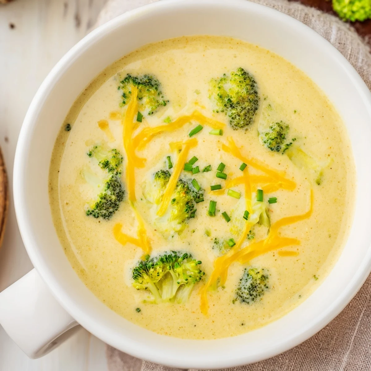 Creamy Broccoli Cheddar Soup steaming in a rustic bowl, topped with extra sharp cheddar and fresh chives.