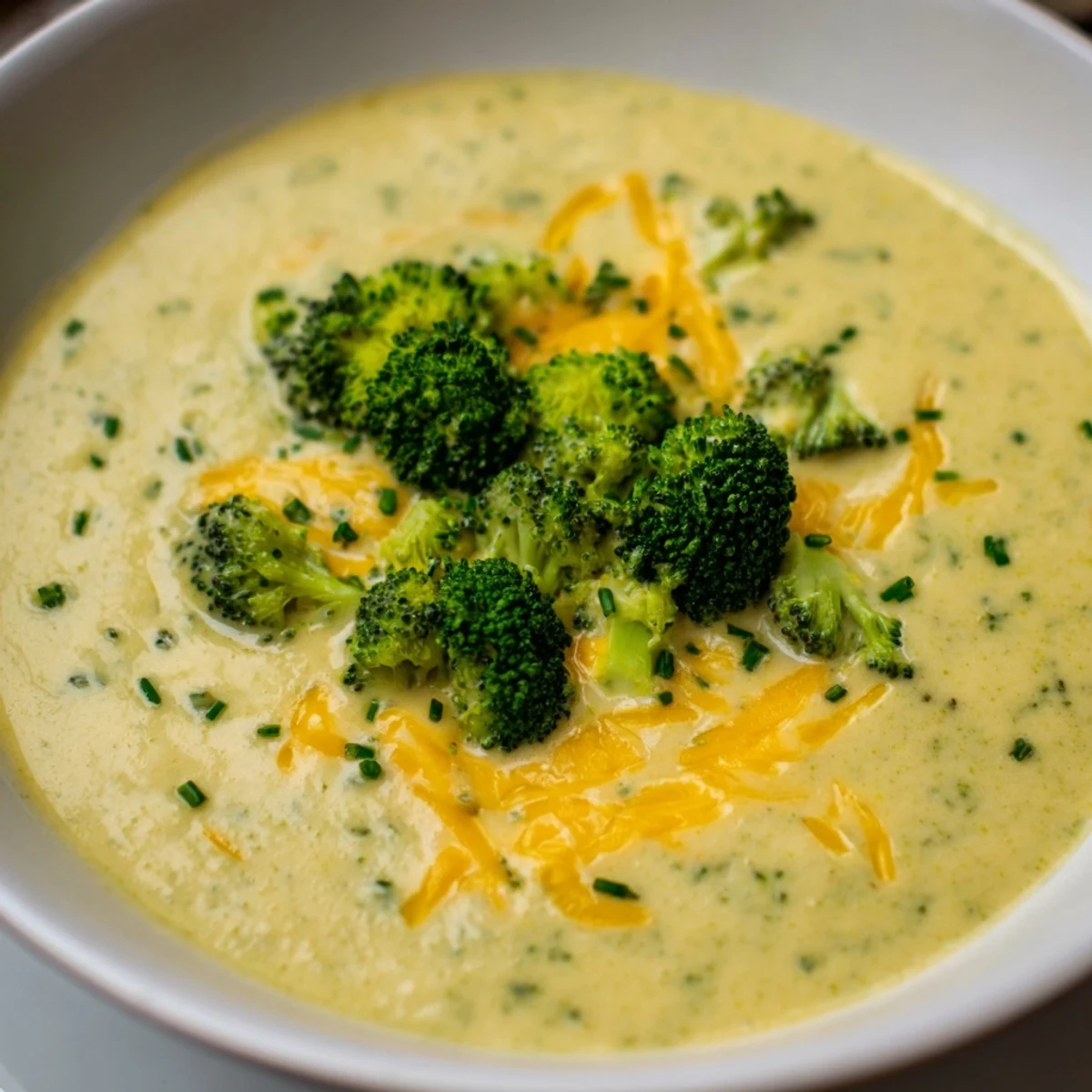 A ladle serving Creamy Broccoli Cheddar Soup next to crusty artisan bread on a cozy kitchen table.