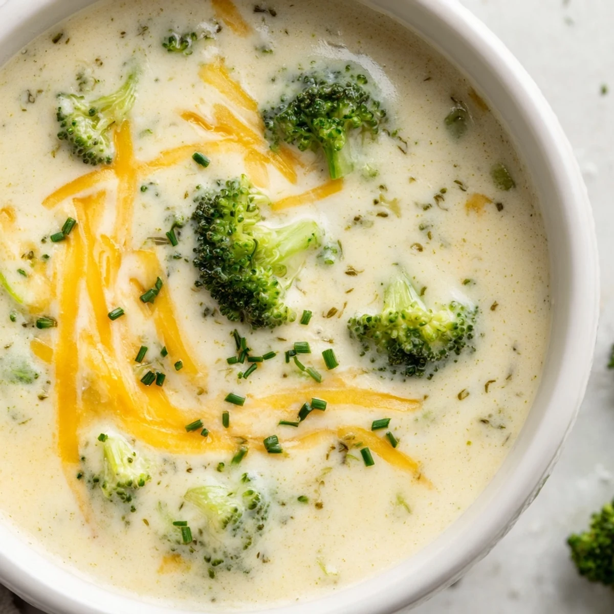 Close-up of Creamy Broccoli Cheddar Soup showing velvety texture, tender green florets, and melted cheddar garnish.