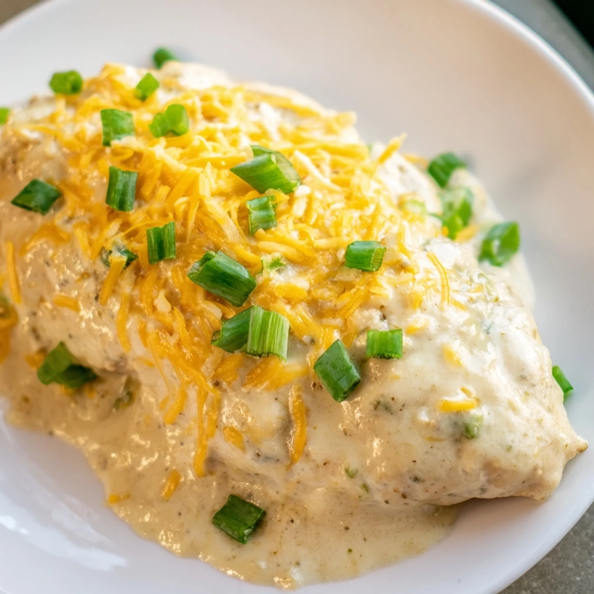 Golden-baked chicken breasts coated in creamy sour cream and onion sauce, garnished with fresh green onions for a comforting weeknight dinner.