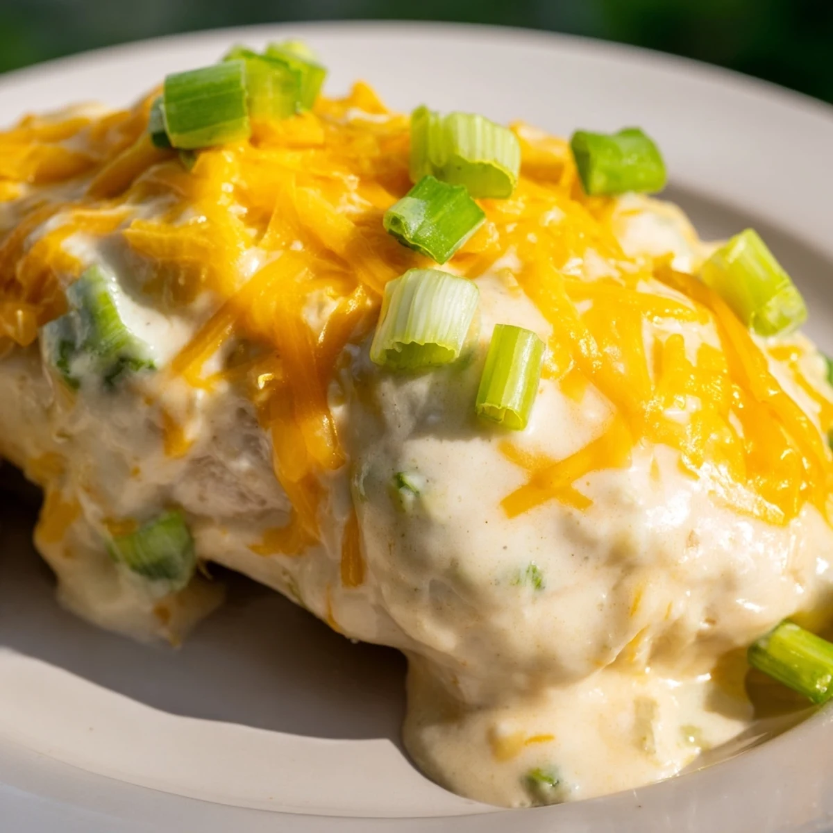 Bubbling sour cream and onion chicken hot from the oven, with a spoonful of creamy sauce and a side of steamed vegetables.