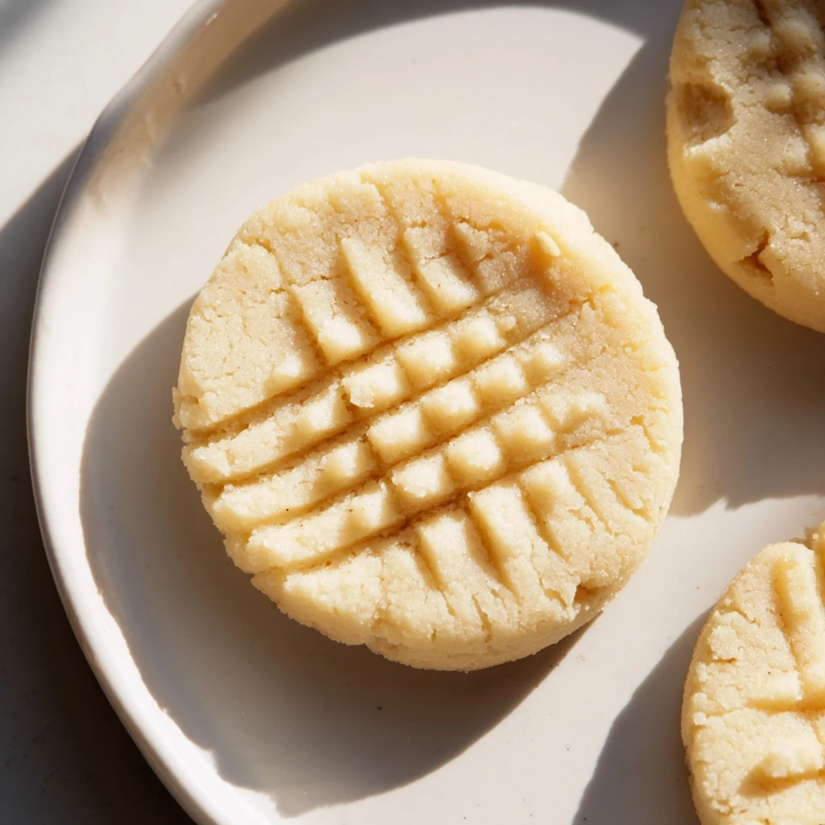 A close-up of golden Keto Butter Cookies with fork crisscross patterns, resting on parchment paper, evoking their tender, melt-in-your-mouth texture and rich buttery aroma for low-carb dessert lovers.