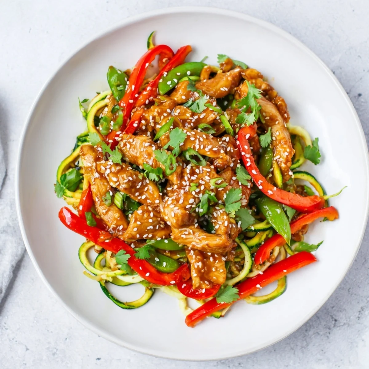 A close-up view of vibrant green zucchini noodles and sliced red bell peppers mixed with juicy chicken, garnished with fresh green onions.